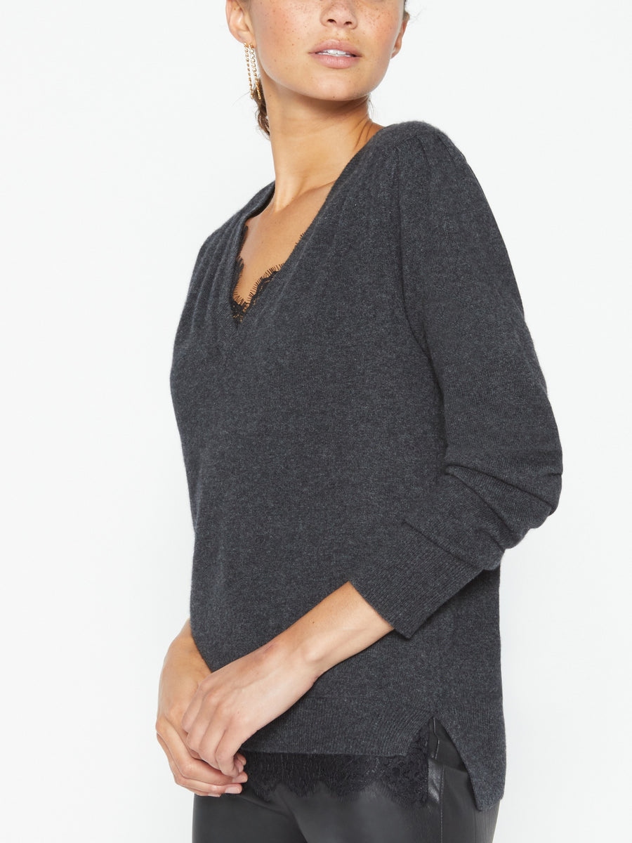 Marcella dark grey lace layered v-neck sweater side view 2