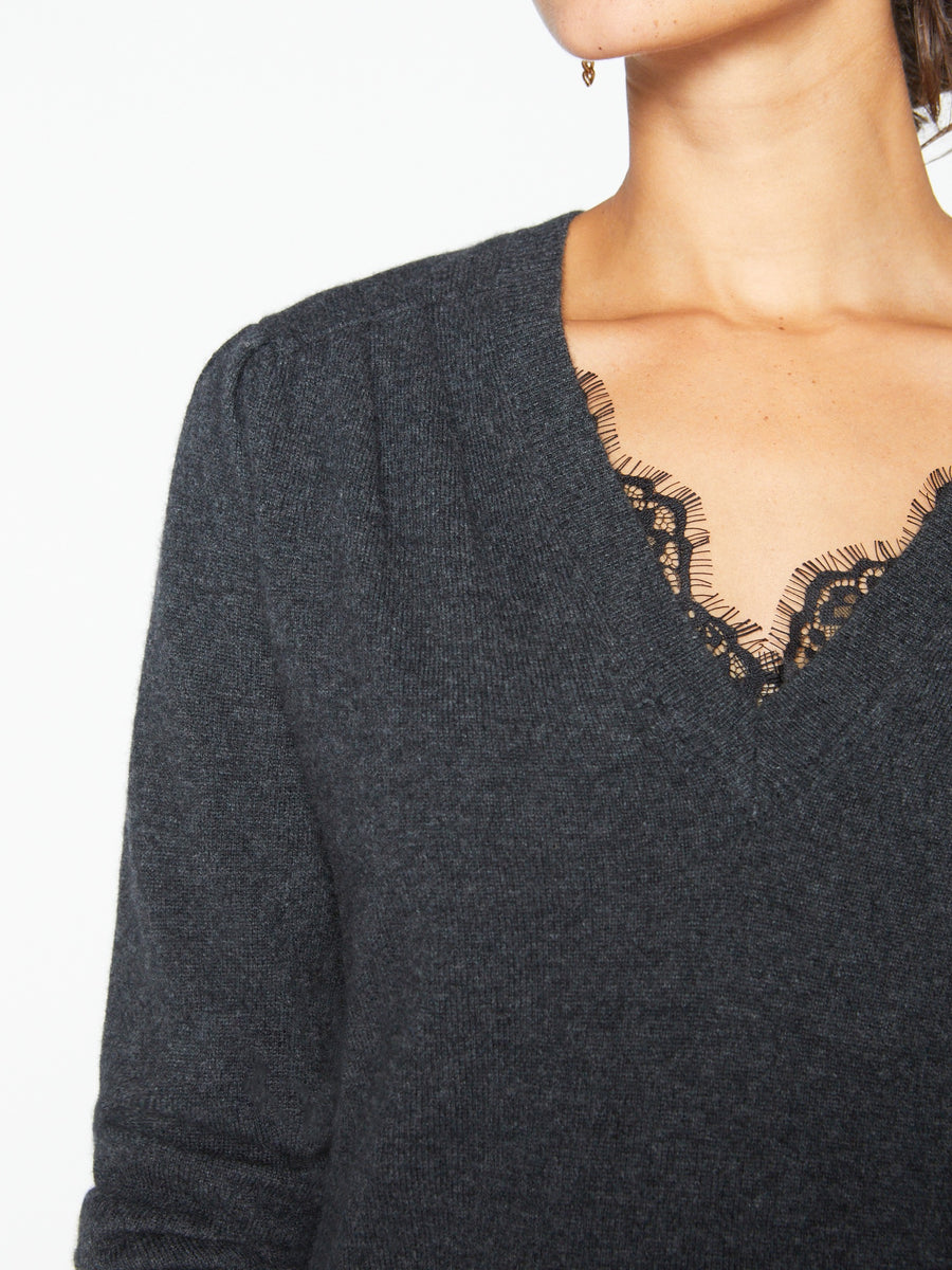 Marcella dark grey lace layered v-neck sweater close up