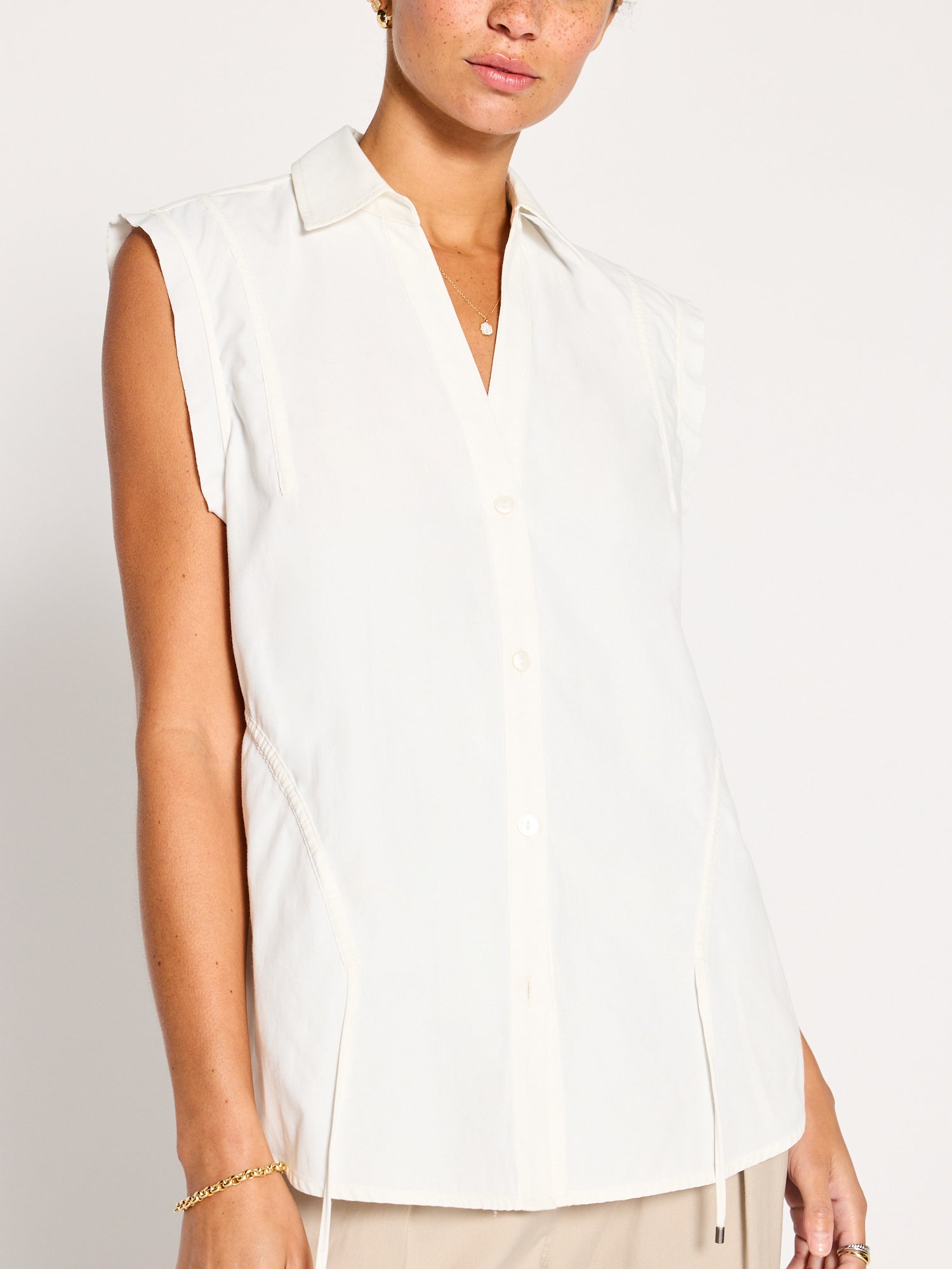 Marcie white sleeveless button up top front view 2
