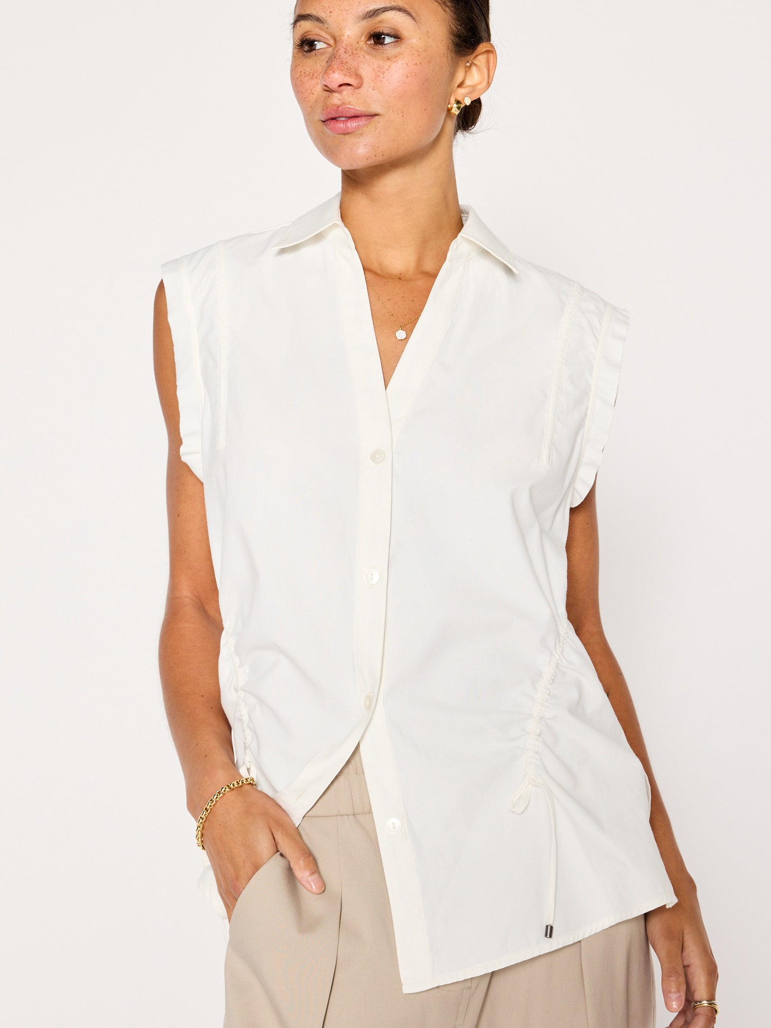 Marcie white sleeveless button up top front view