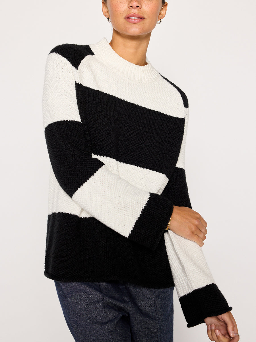 Marco white black stripe cotton crewneck sweater front view 2