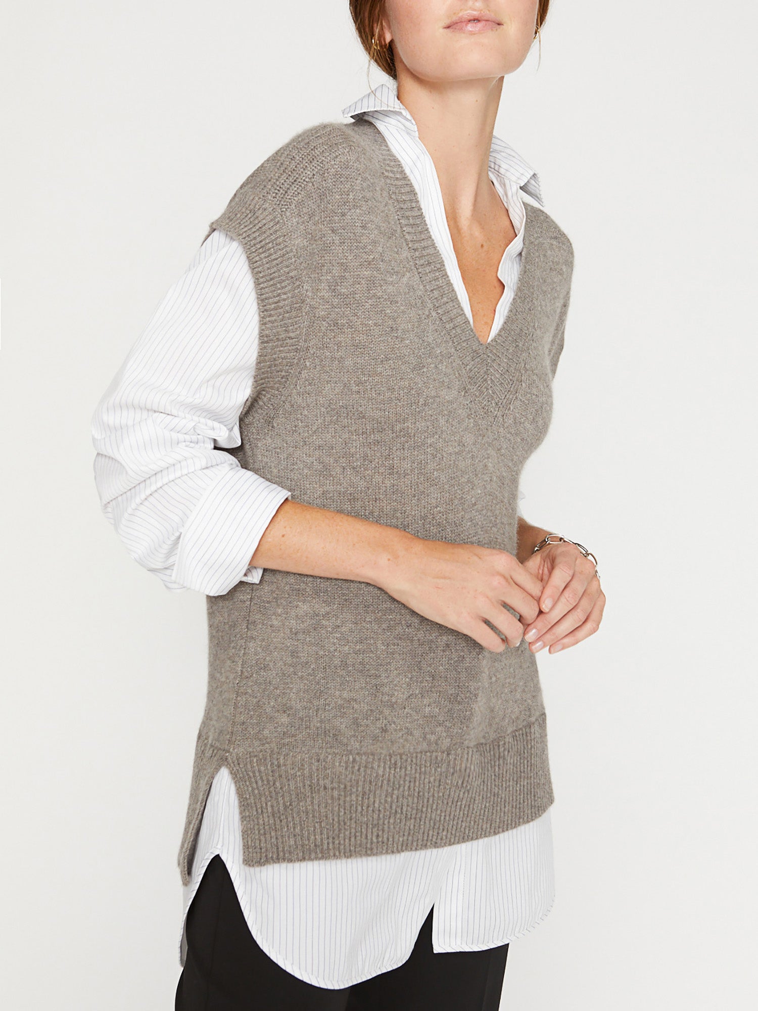 Nye grey v-neck vest with stripe shirt sleeves front view 3