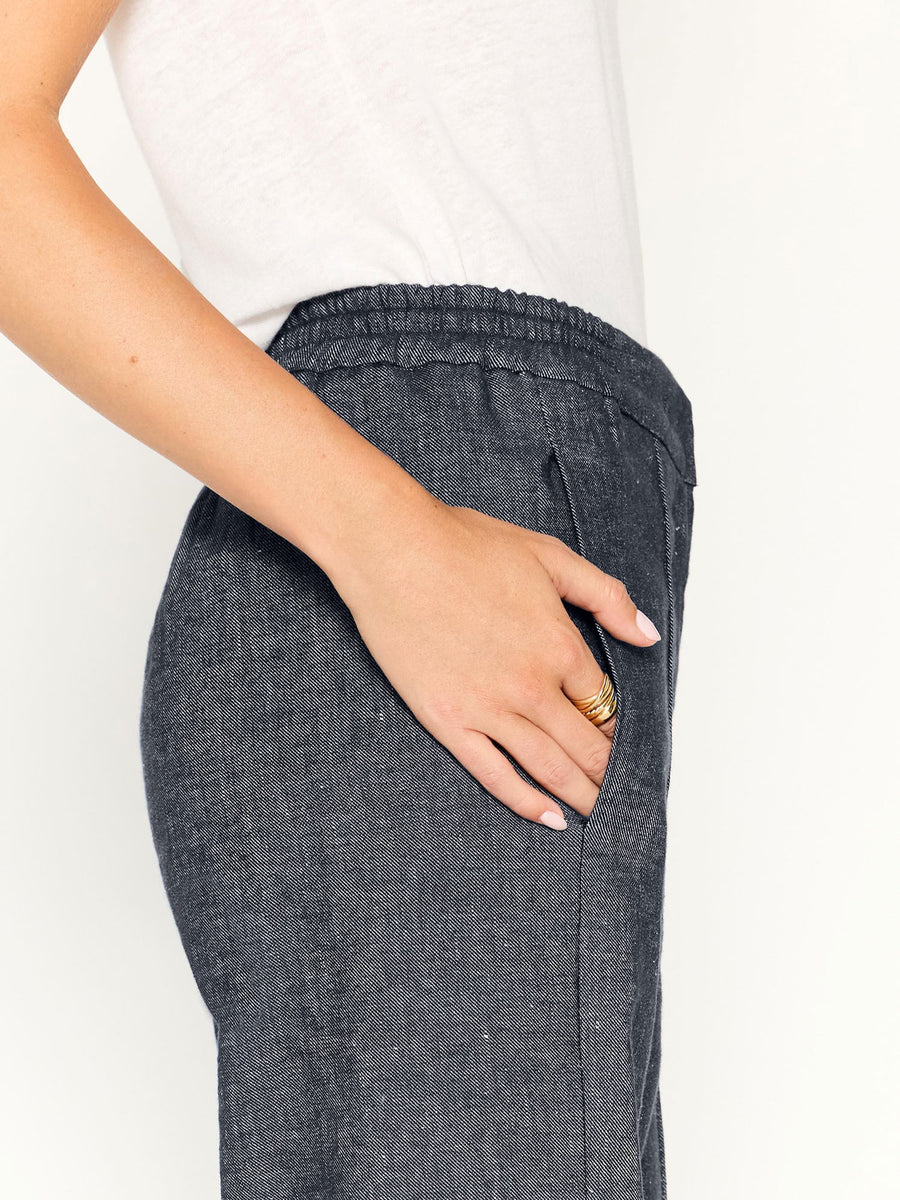 Olena indigo high rise straight leg pant close up