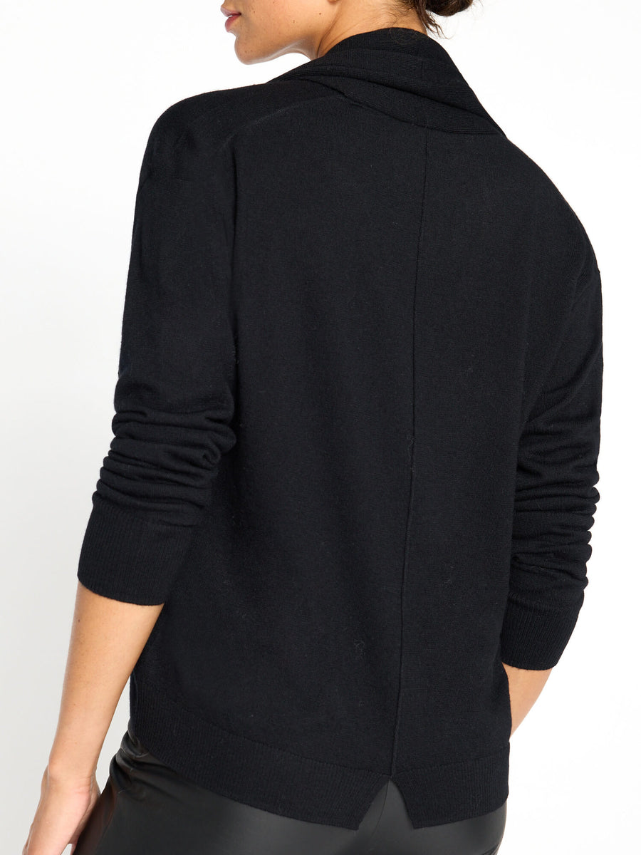 Oren tie neck black v-neck sweater back view