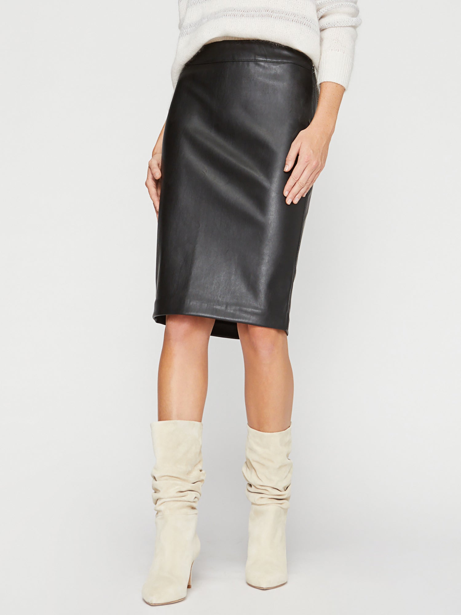 Drew black vegan leather knee-length pencil skirt front view