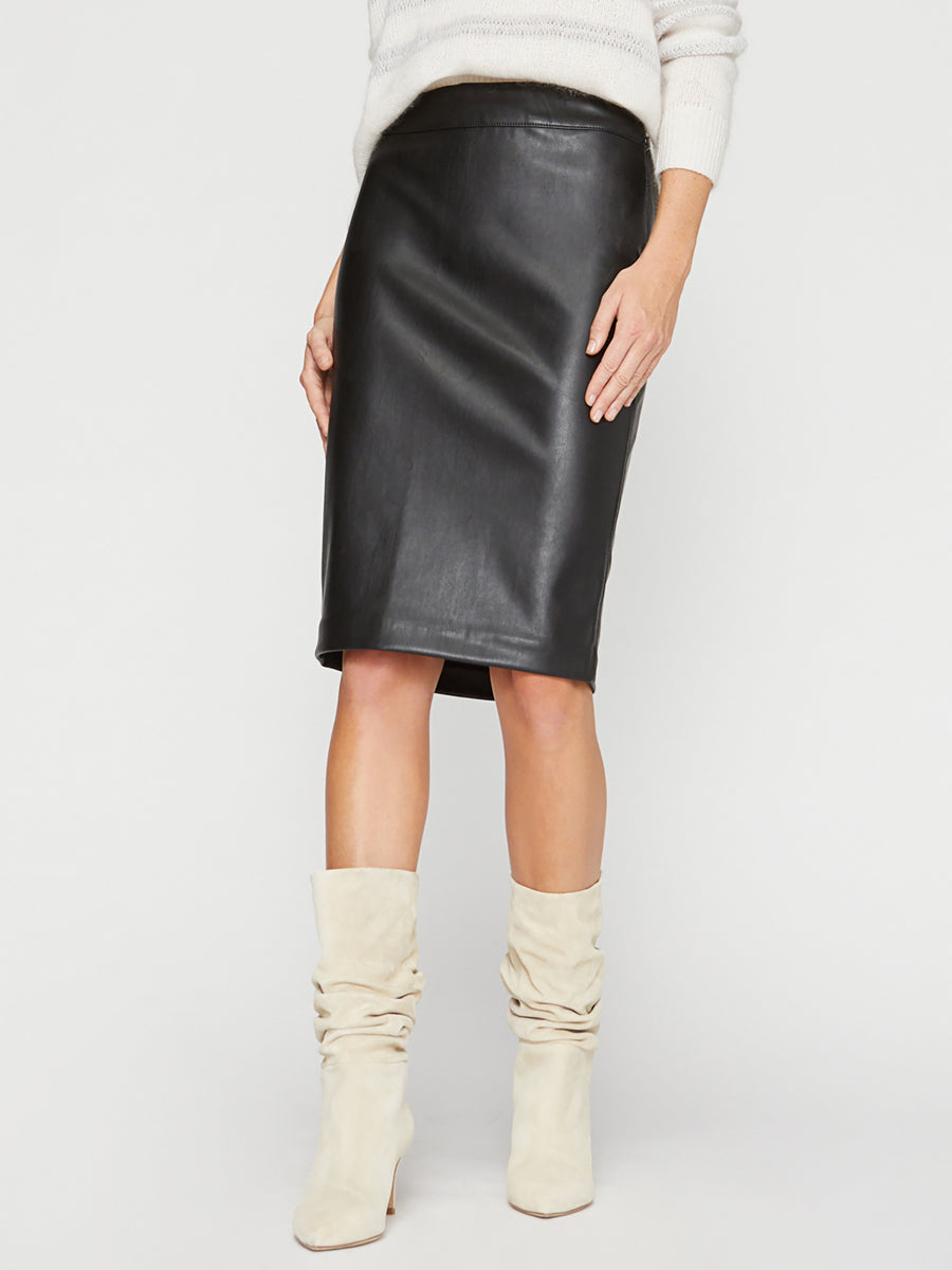 Drew black vegan leather knee-length pencil skirt front view