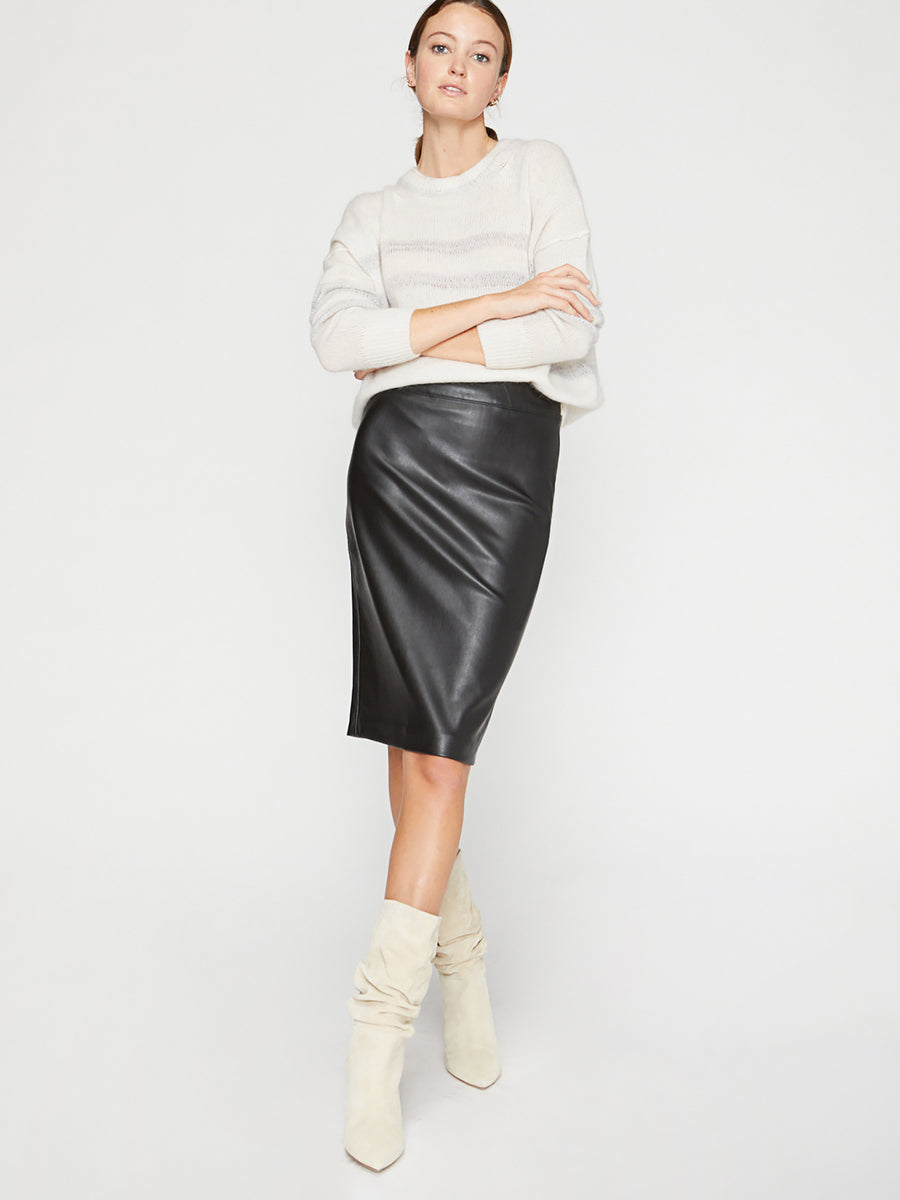 Drew black vegan leather knee-length pencil skirt front view 3