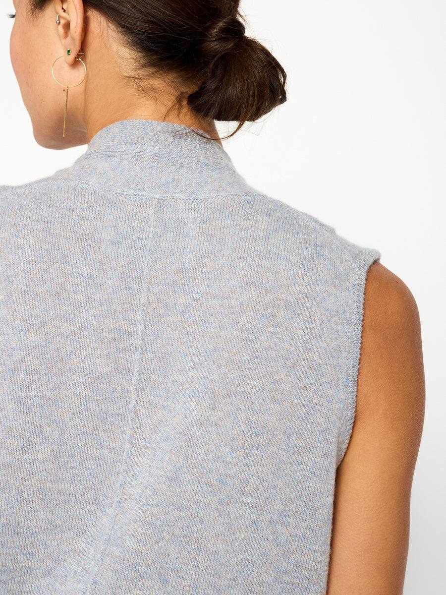 Phinneas cashmere v-neck sleeveless blue wrap sweater close up