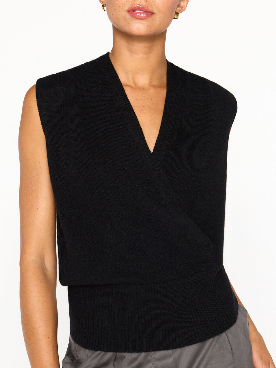 Phinneas cashmere v-neck sleeveless black wrap sweater front view