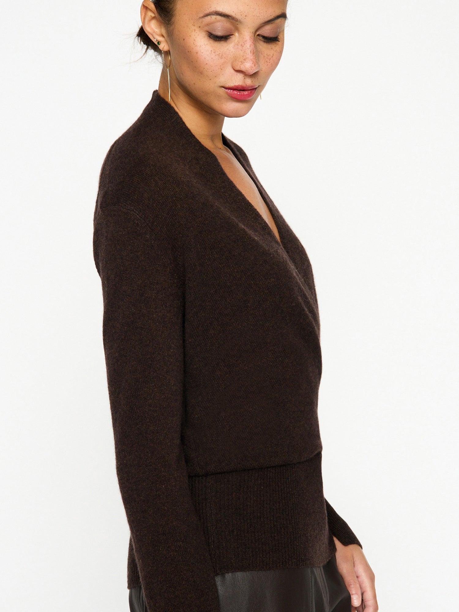 Phinneas cashmere v-neck brown wrap sweater side view