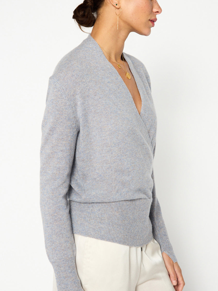 Phinneas cashmere v-neck blue wrap sweater side view