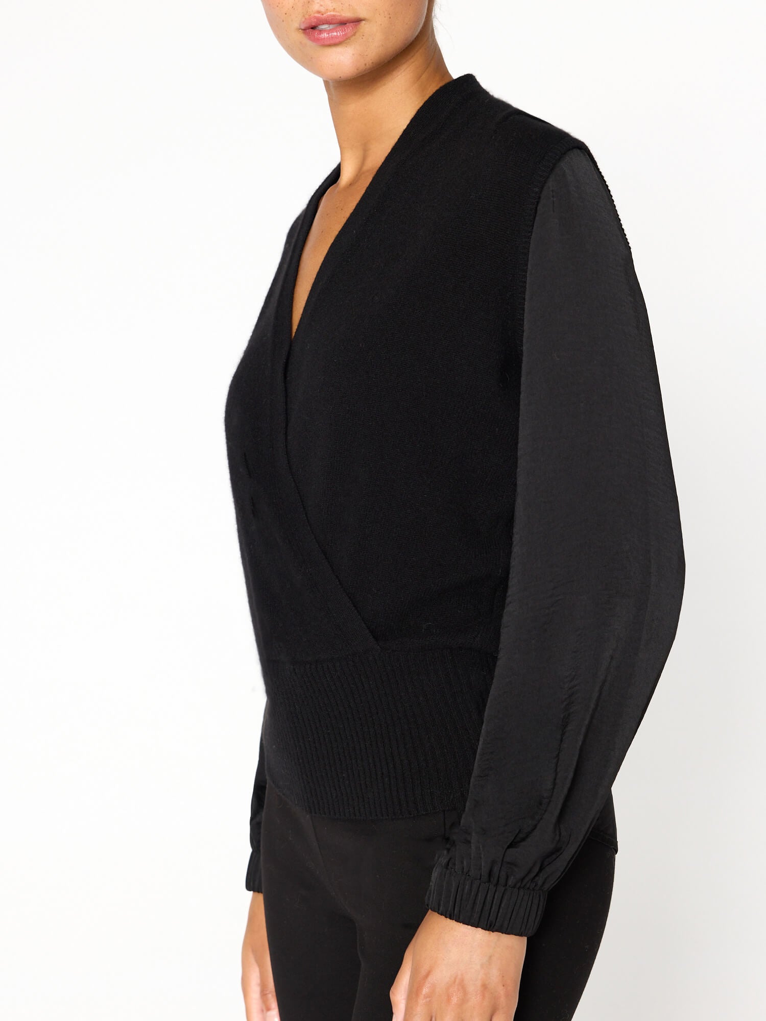 Phinneas black layered woven and knit sweater side view