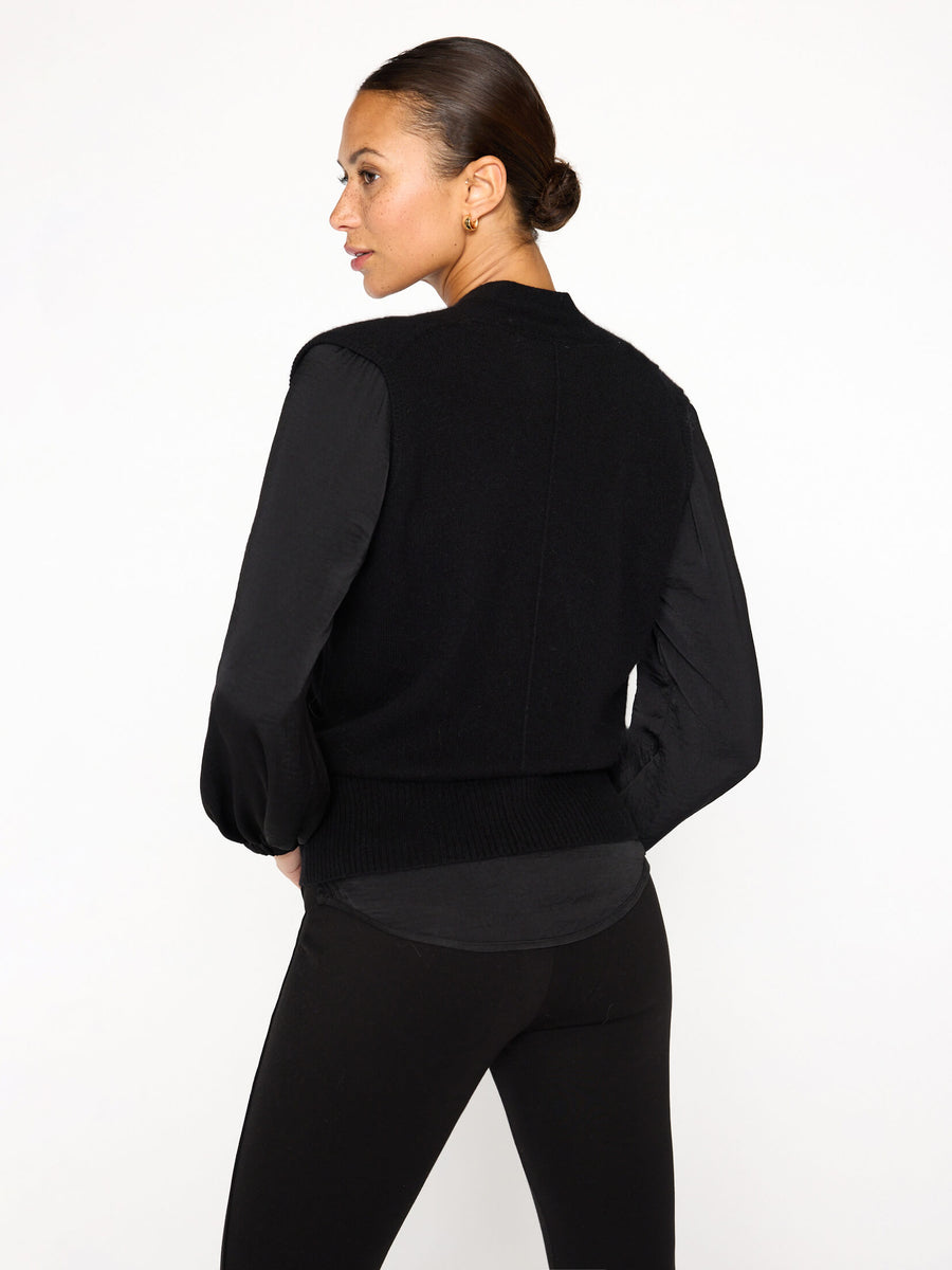 Phinneas black layered woven and knit sweater back view