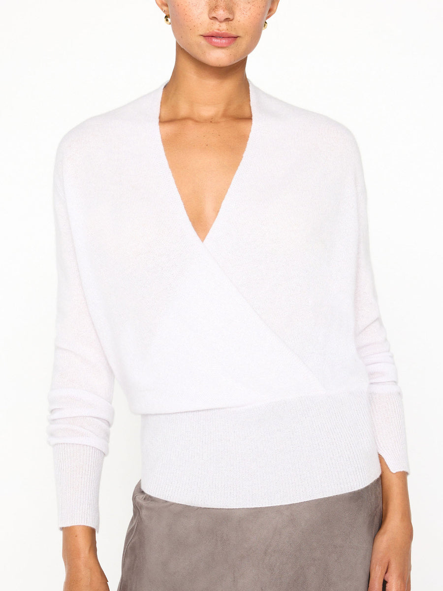 Phinneas cashmere v-neck white wrap sweater front view 2