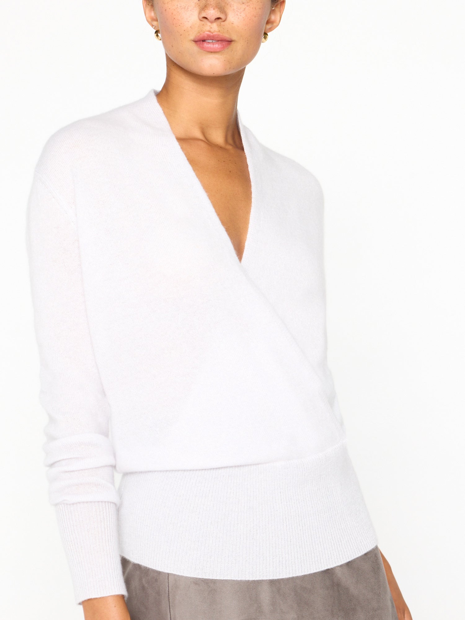 Phinneas cashmere v-neck white wrap sweater front view 3