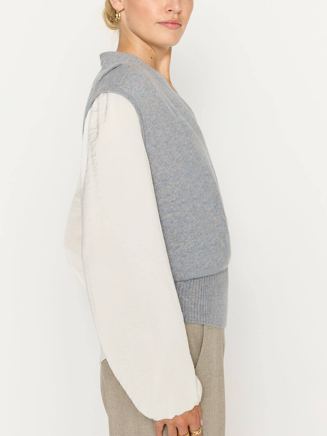 Phinneas blue white layered woven and knit sweater side view