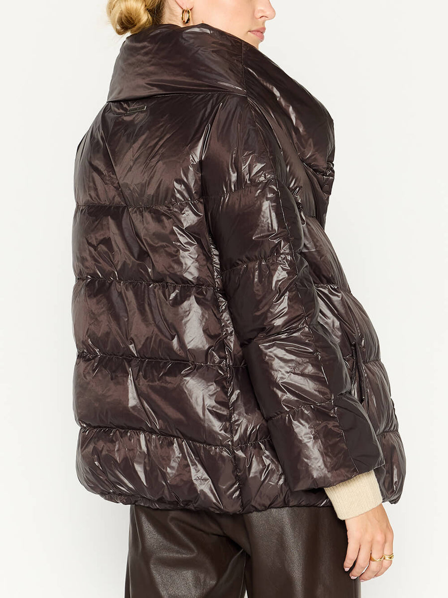 Aspen nylon down brown puffer jacket side view 2