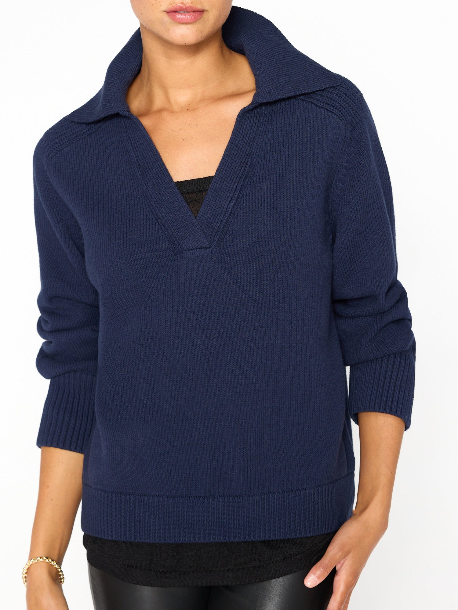 Rainer navy layered polo sweater front view 3