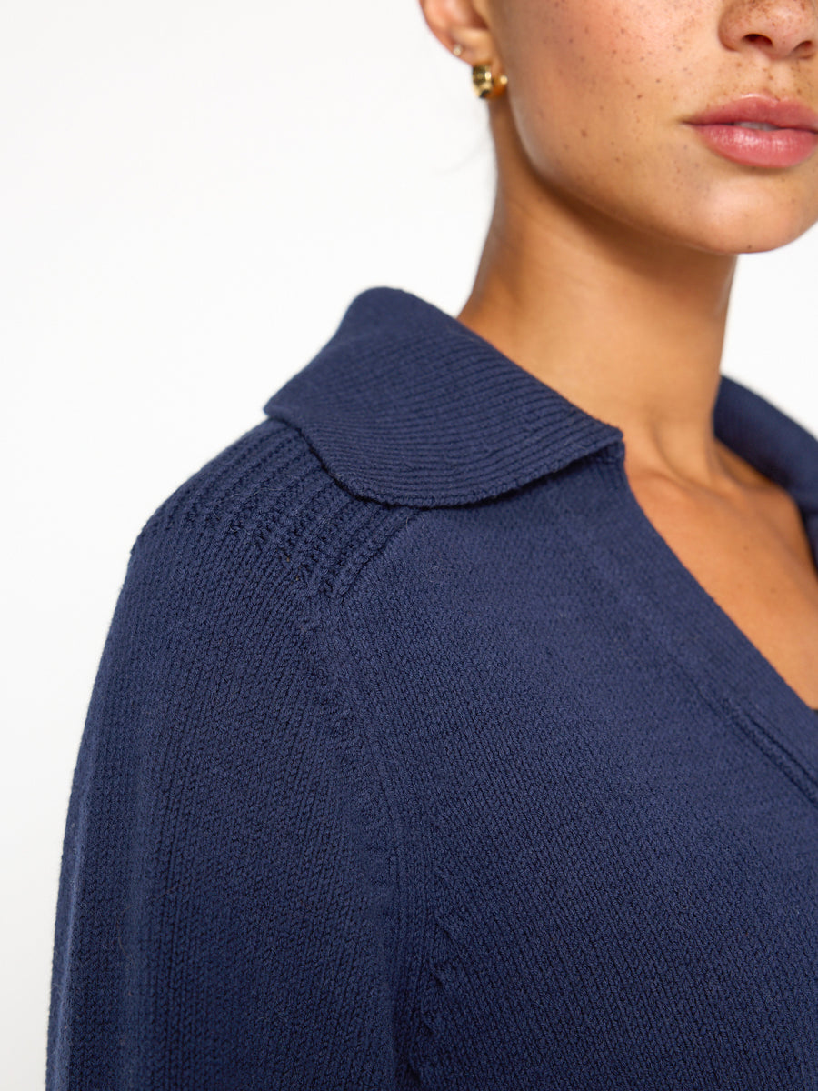 Rainer navy layered polo sweater close up