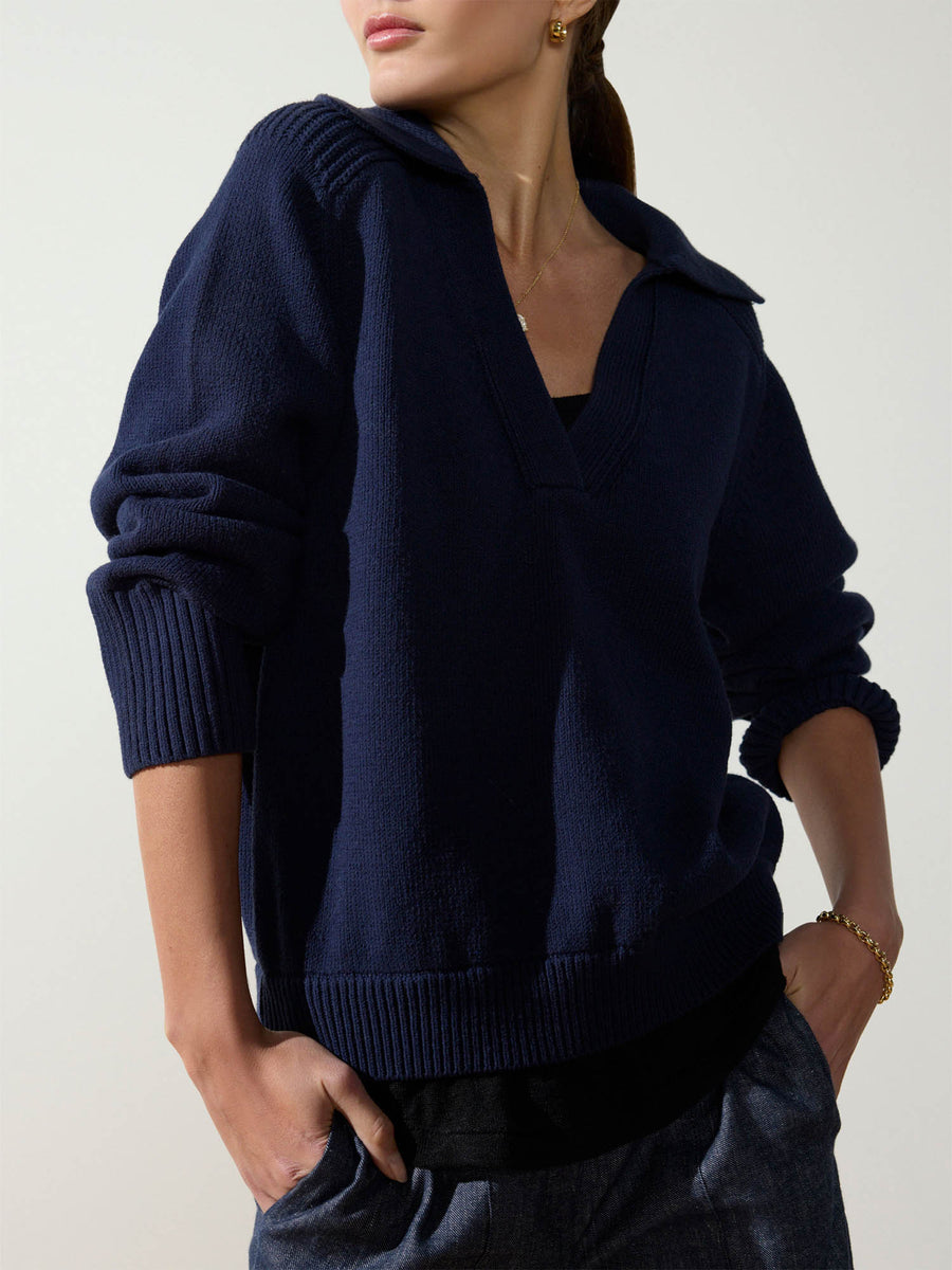 Rainer navy layered polo sweater front view