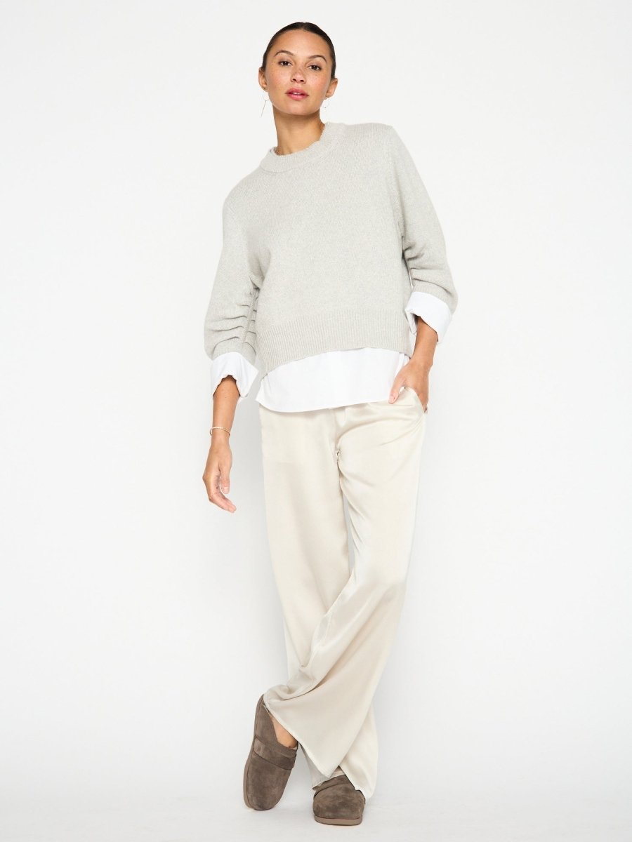 Raya grey ruched layered crewneck sweater full view