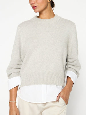 Raya grey ruched layered crewneck sweater front view 2