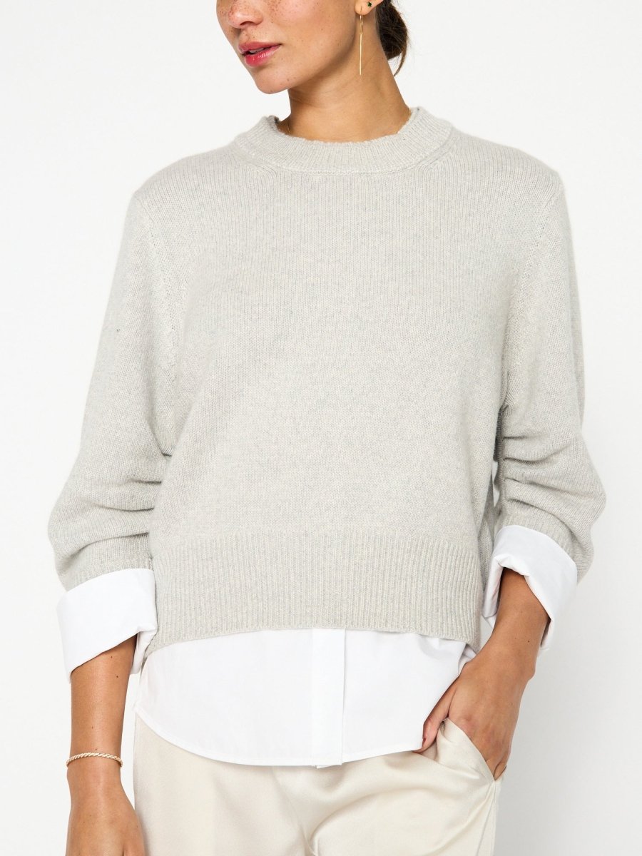 Raya grey ruched layered crewneck sweater front view 2