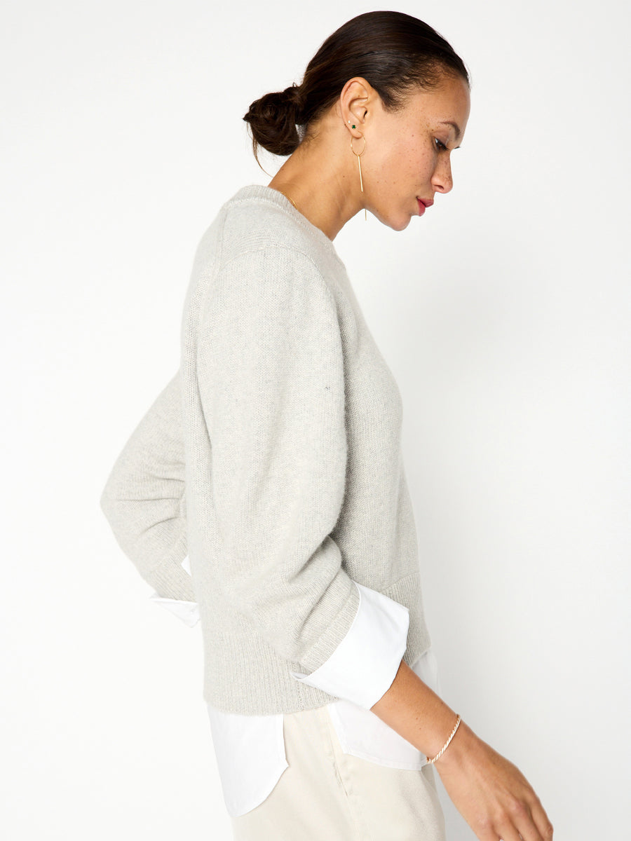Raya grey ruched layered crewneck sweater side view