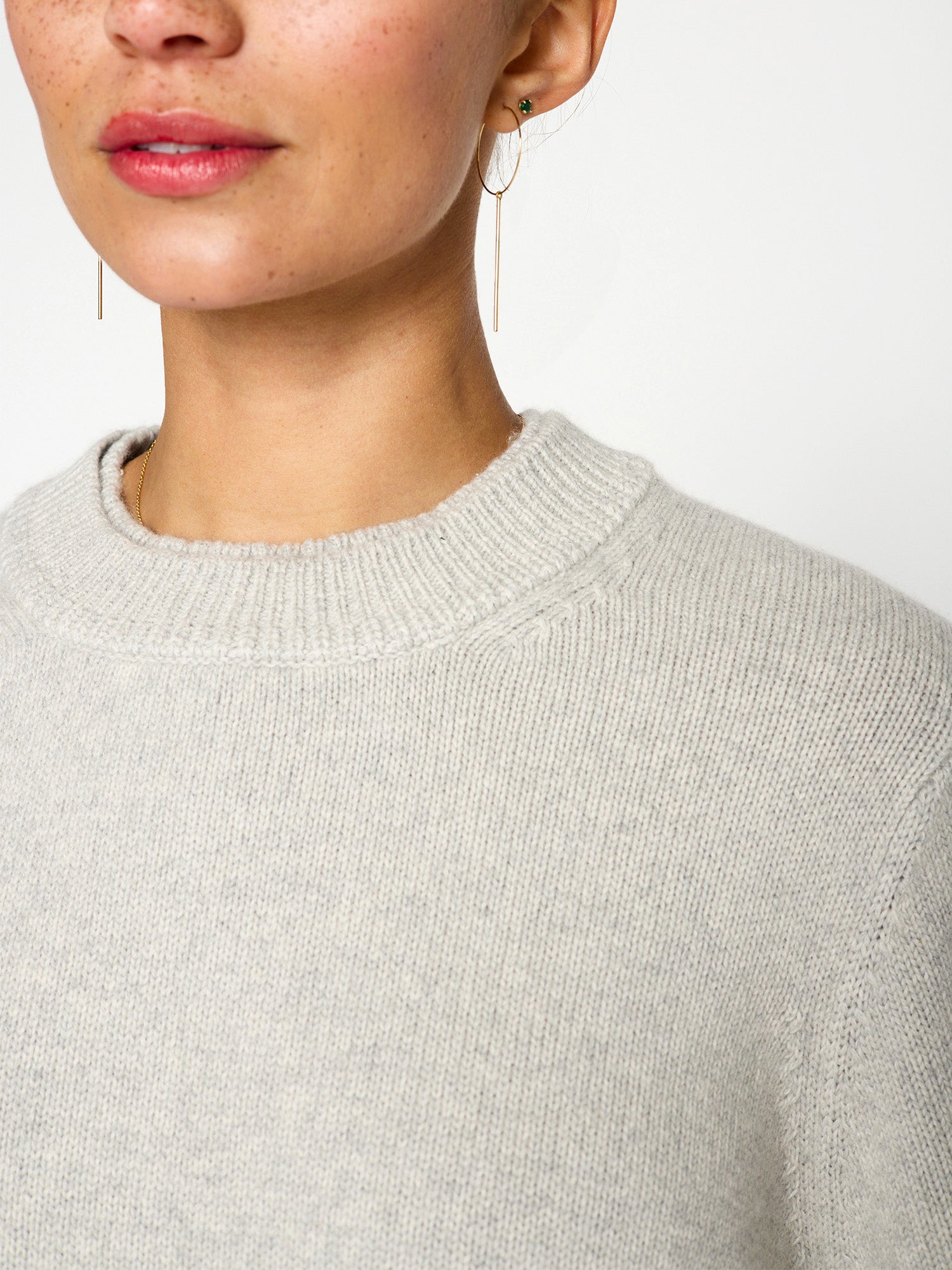 Raya grey ruched layered crewneck sweater close up 2