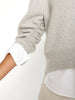 Raya grey ruched layered crewneck sweater close up