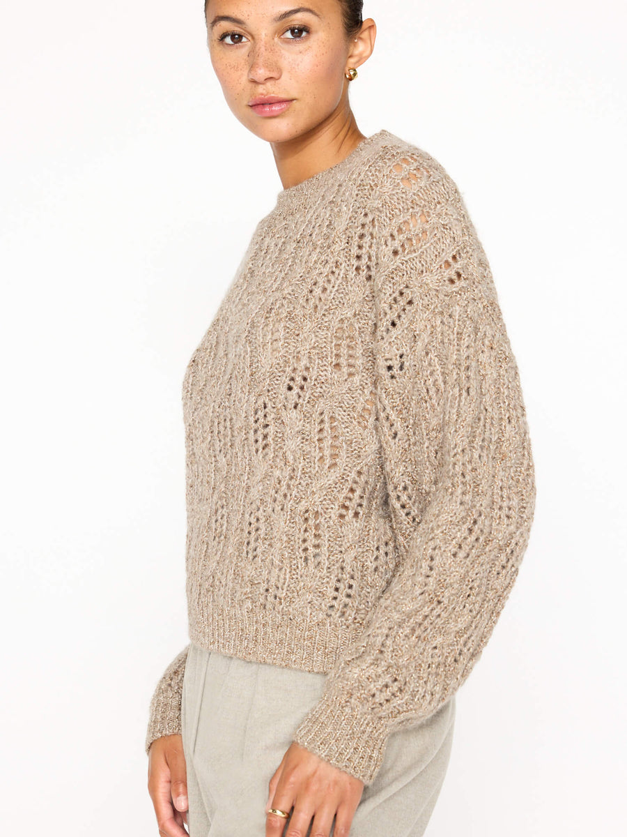 Restoin tan metallic crewneck sweater side view