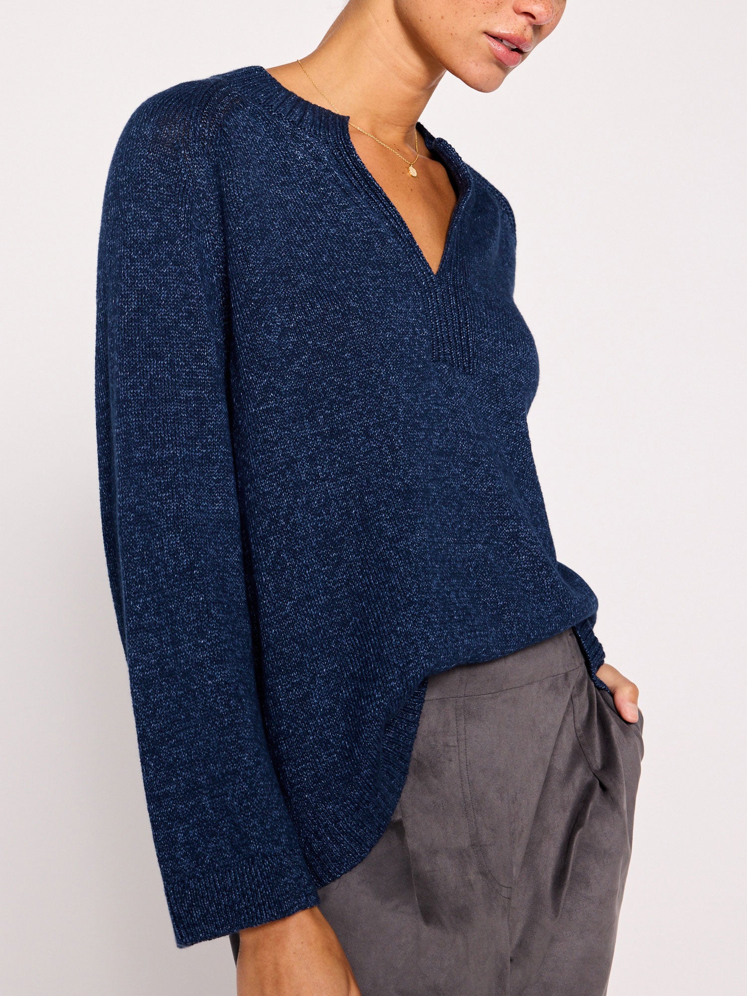 Riley navy v-neck linen cotton popover sweater side view