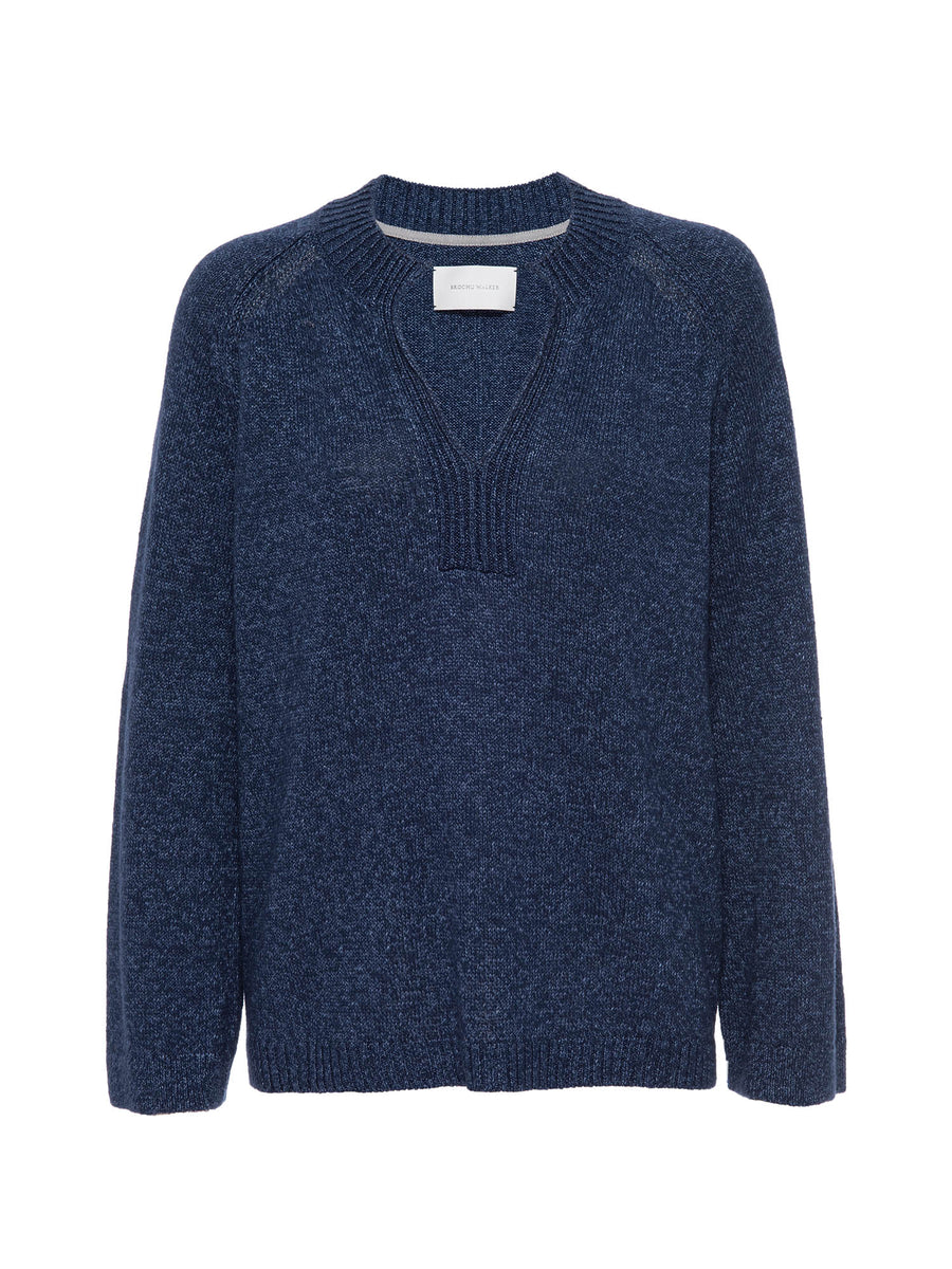 Riley navy v-neck linen cotton popover sweater flat view