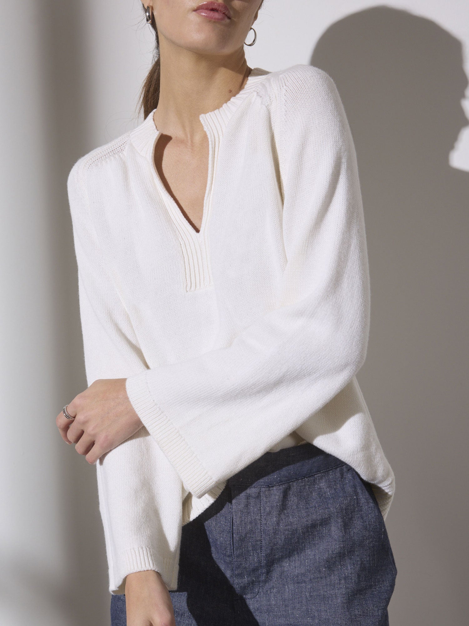 Riley white v-neck linen-cotton popover sweater front view