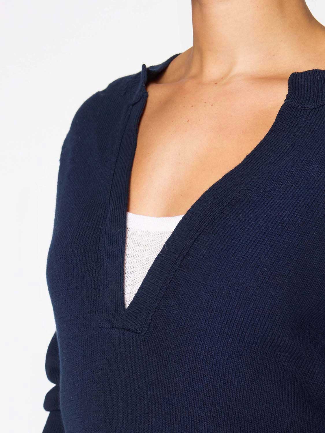 Roan navy layered henley sweater close up