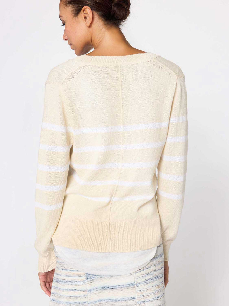 Roan ivory white stripe layered henley sweater back view