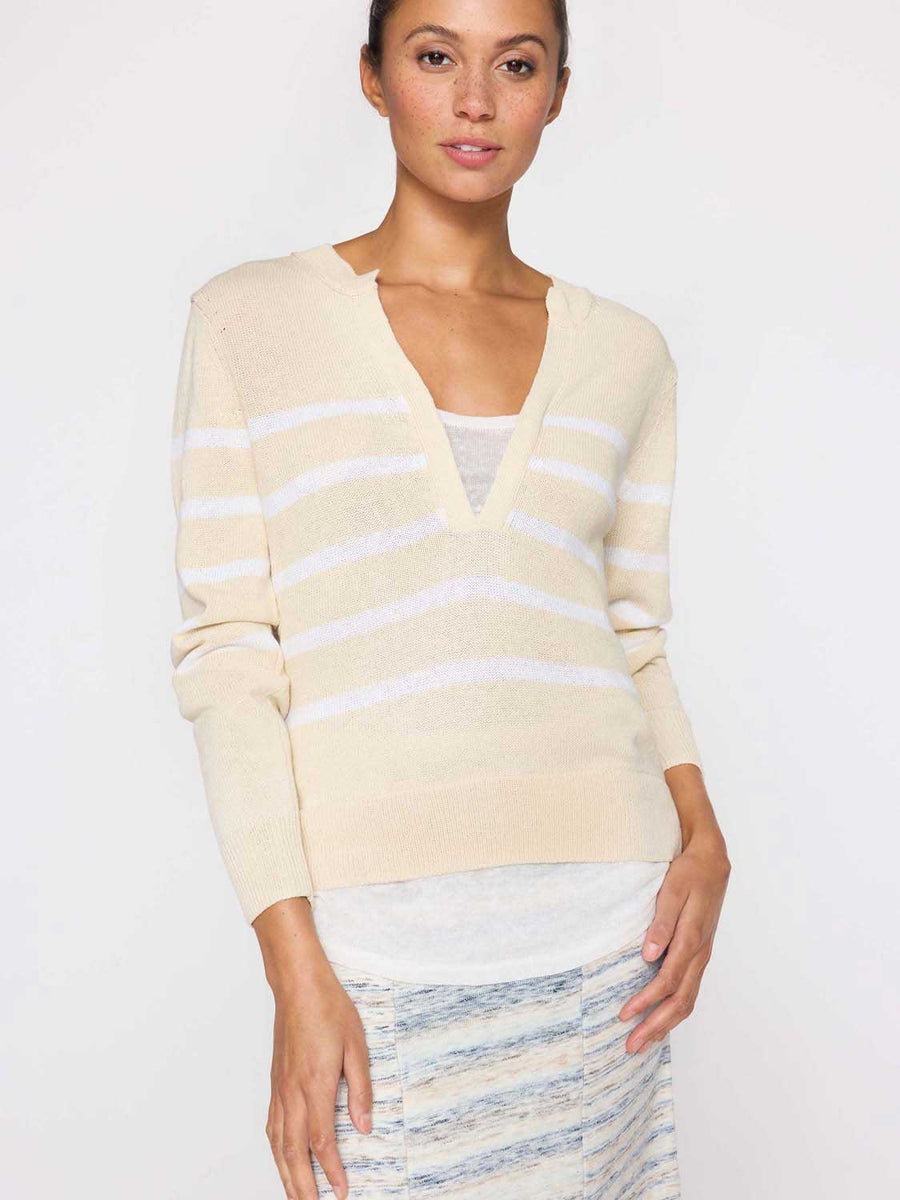 Roan ivory white stripe layered henley sweater front view 2
