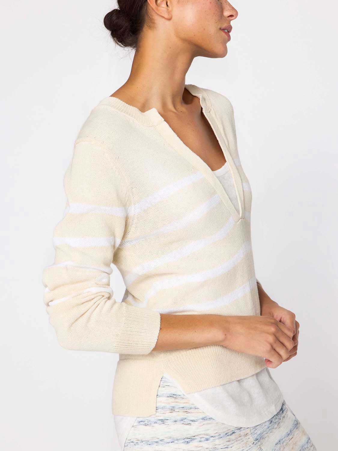 Roan ivory white stripe layered henley sweater side view