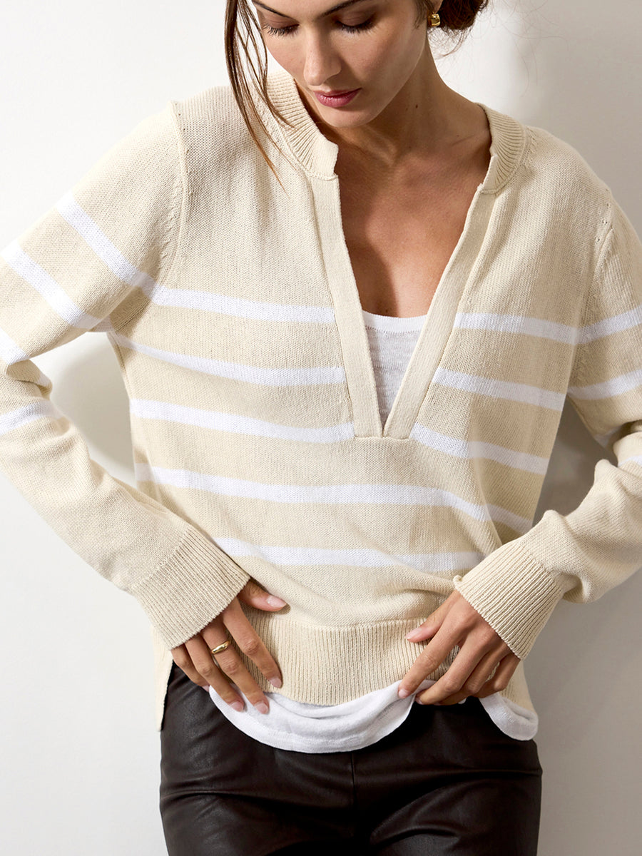 Roan ivory white stripe layered henley sweater front view