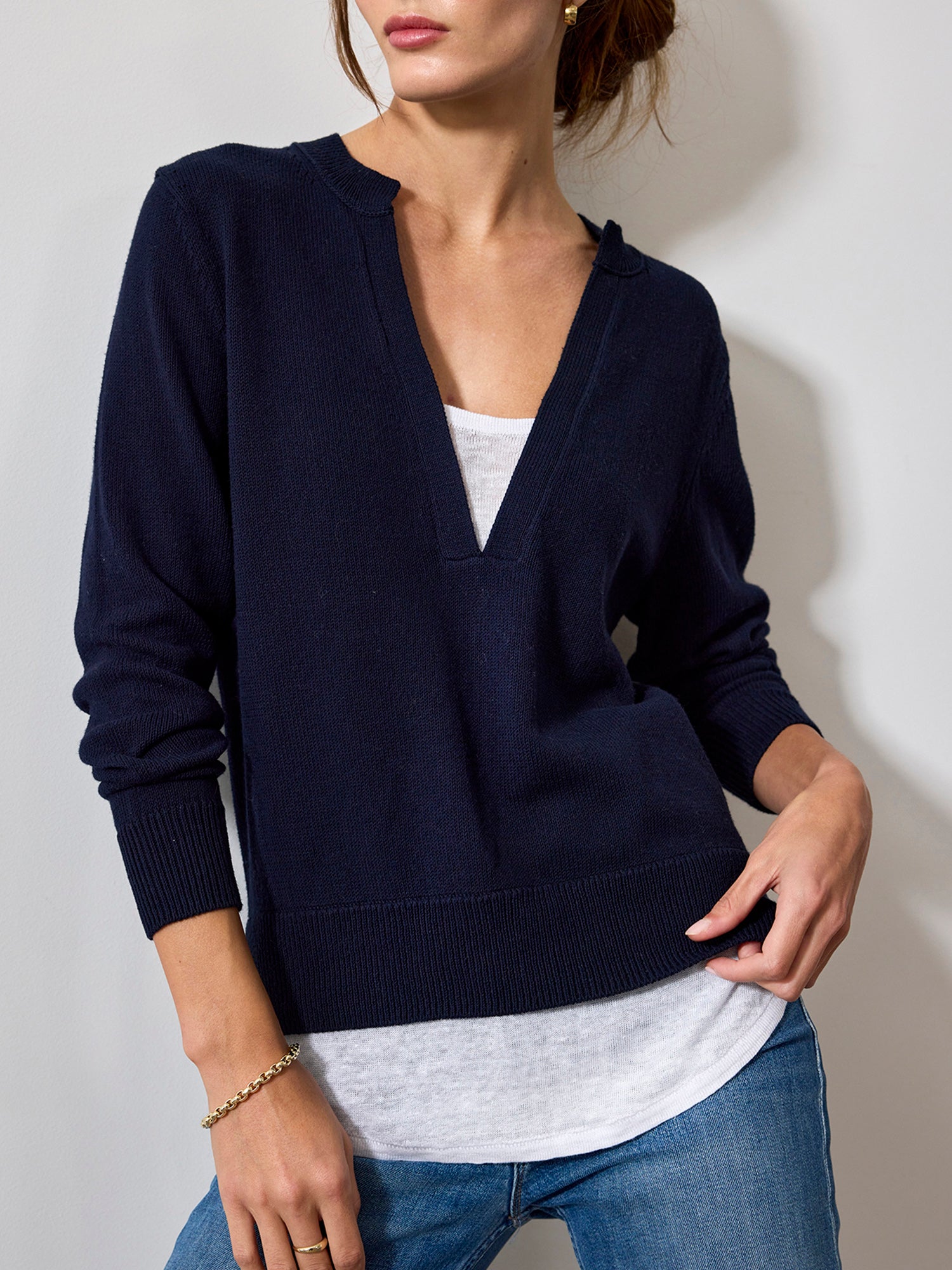 Roan navy layered henley sweater front view