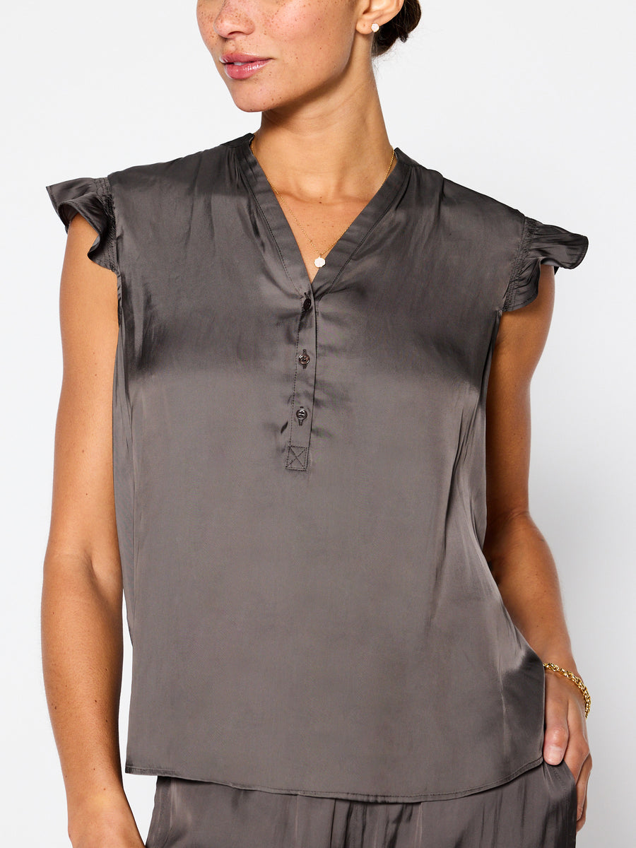 Romare sleeveless v-neck brown satin top front view