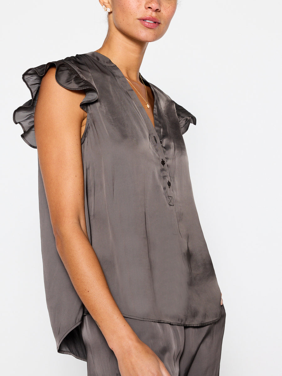 Romare sleeveless v-neck brown satin top side view