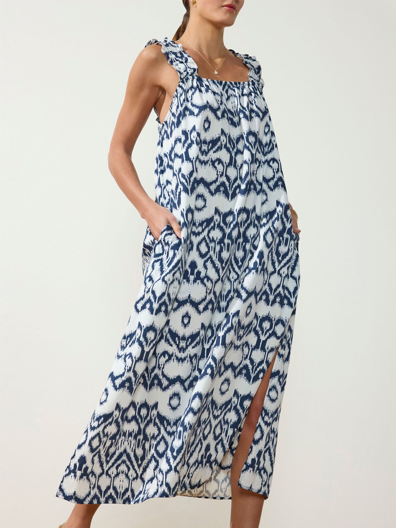 Serena navy and white printed midi dress front view 2