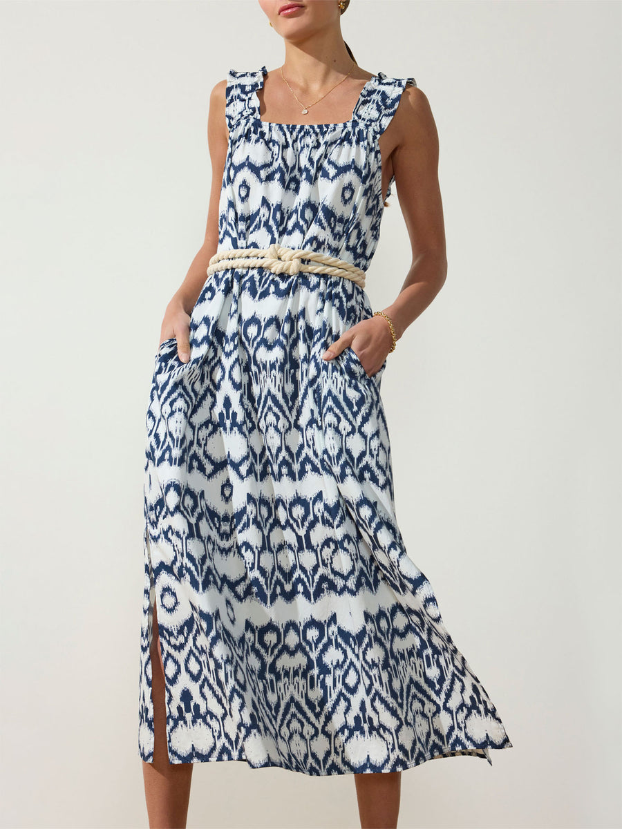 Serena navy and white printed midi dress front view 3
