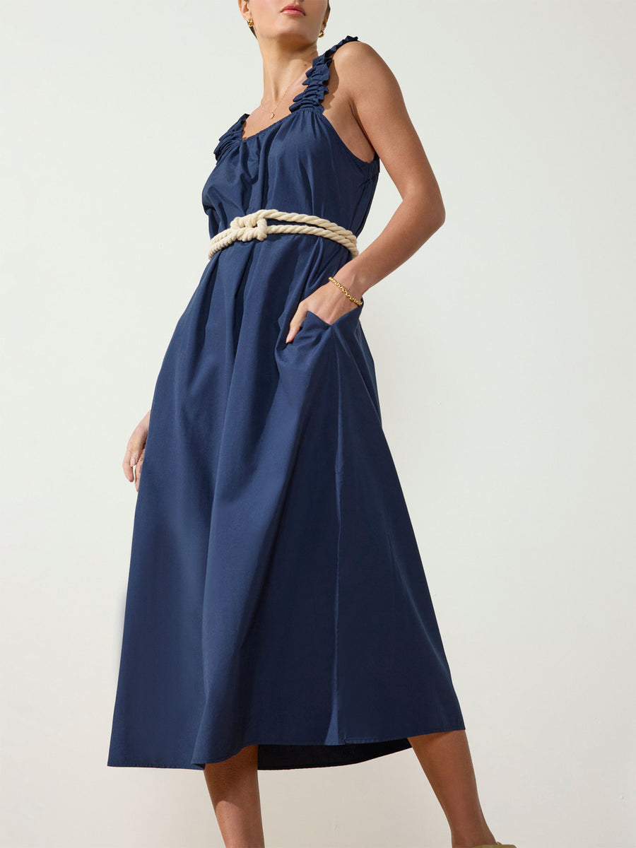 Serena belted navy midi dress side view