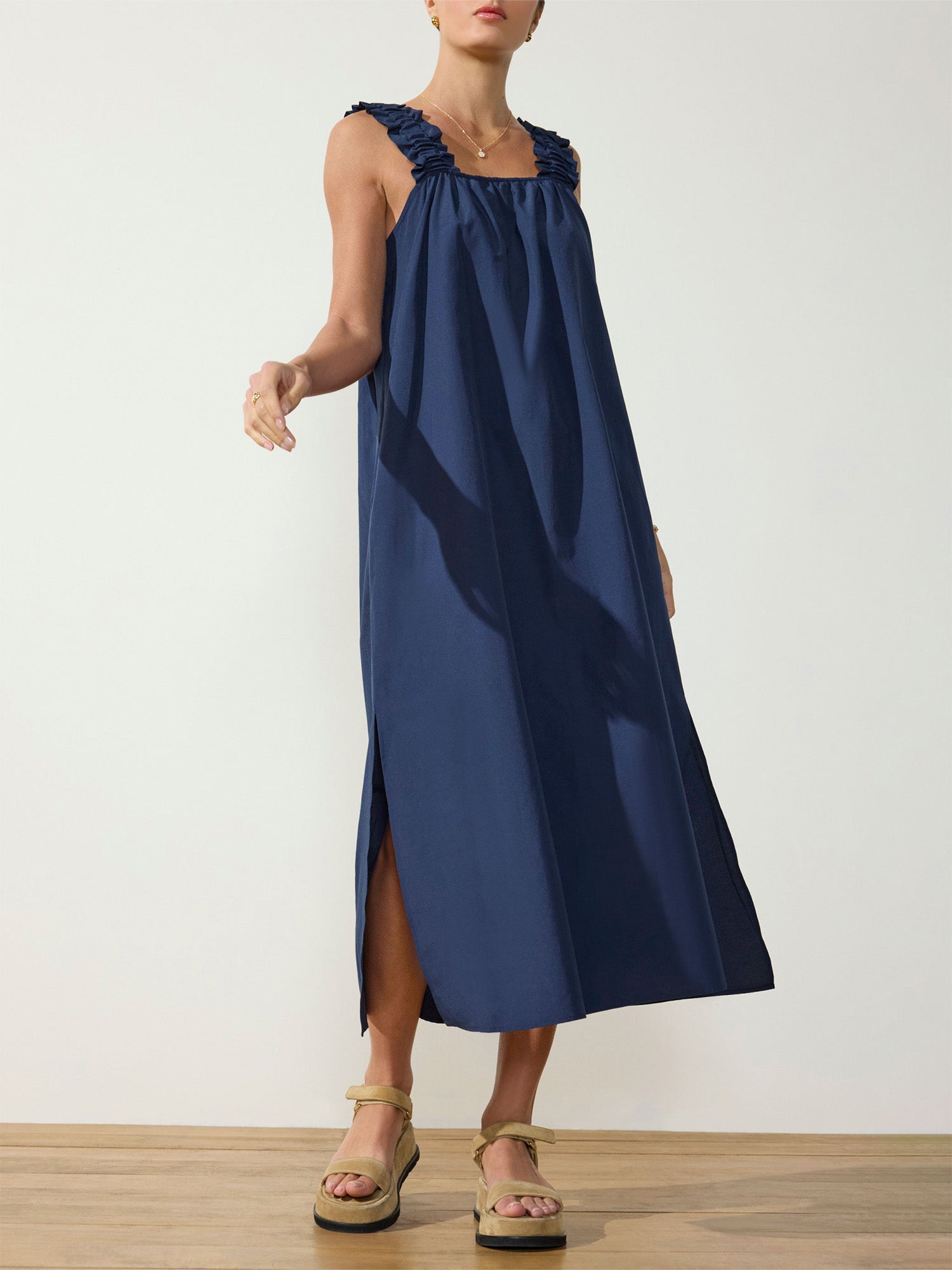 Serena belted navy midi dress front view