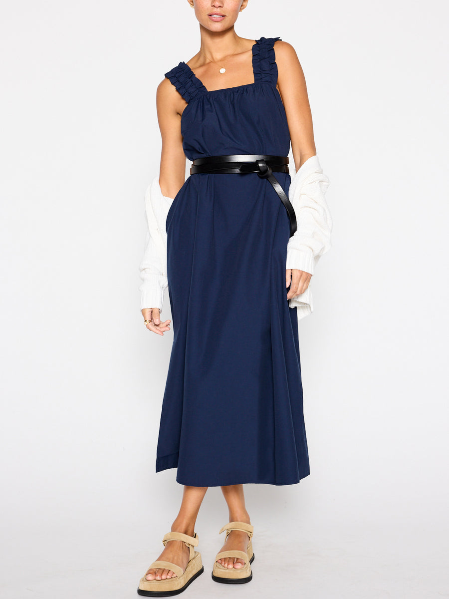 Serena belted navy midi dress front view 5