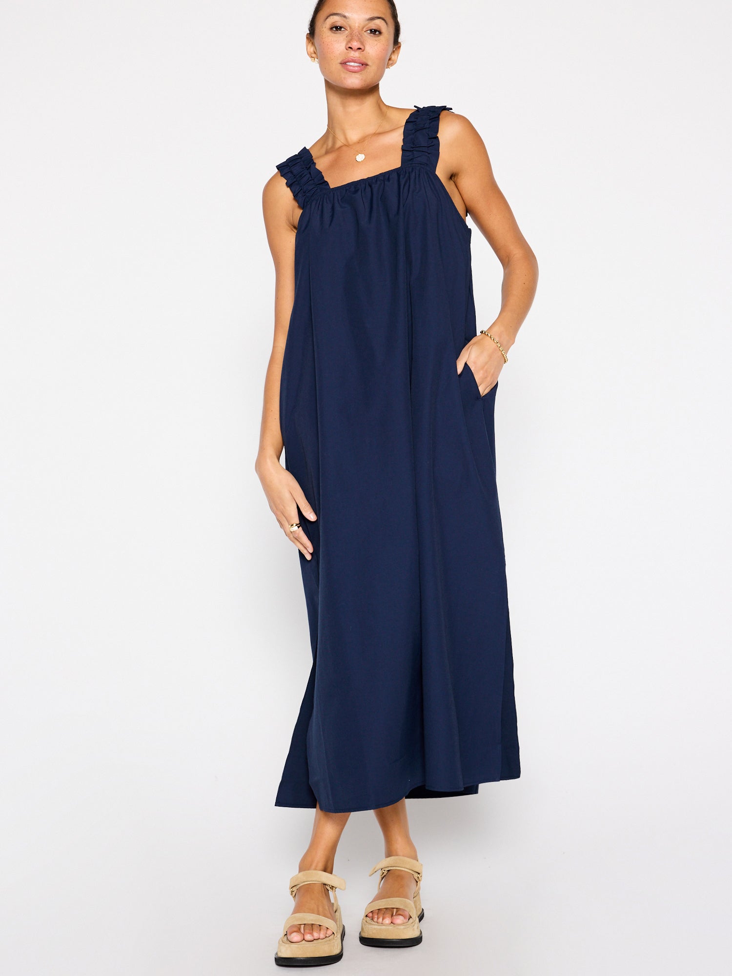 Serena belted navy midi dress front view 3