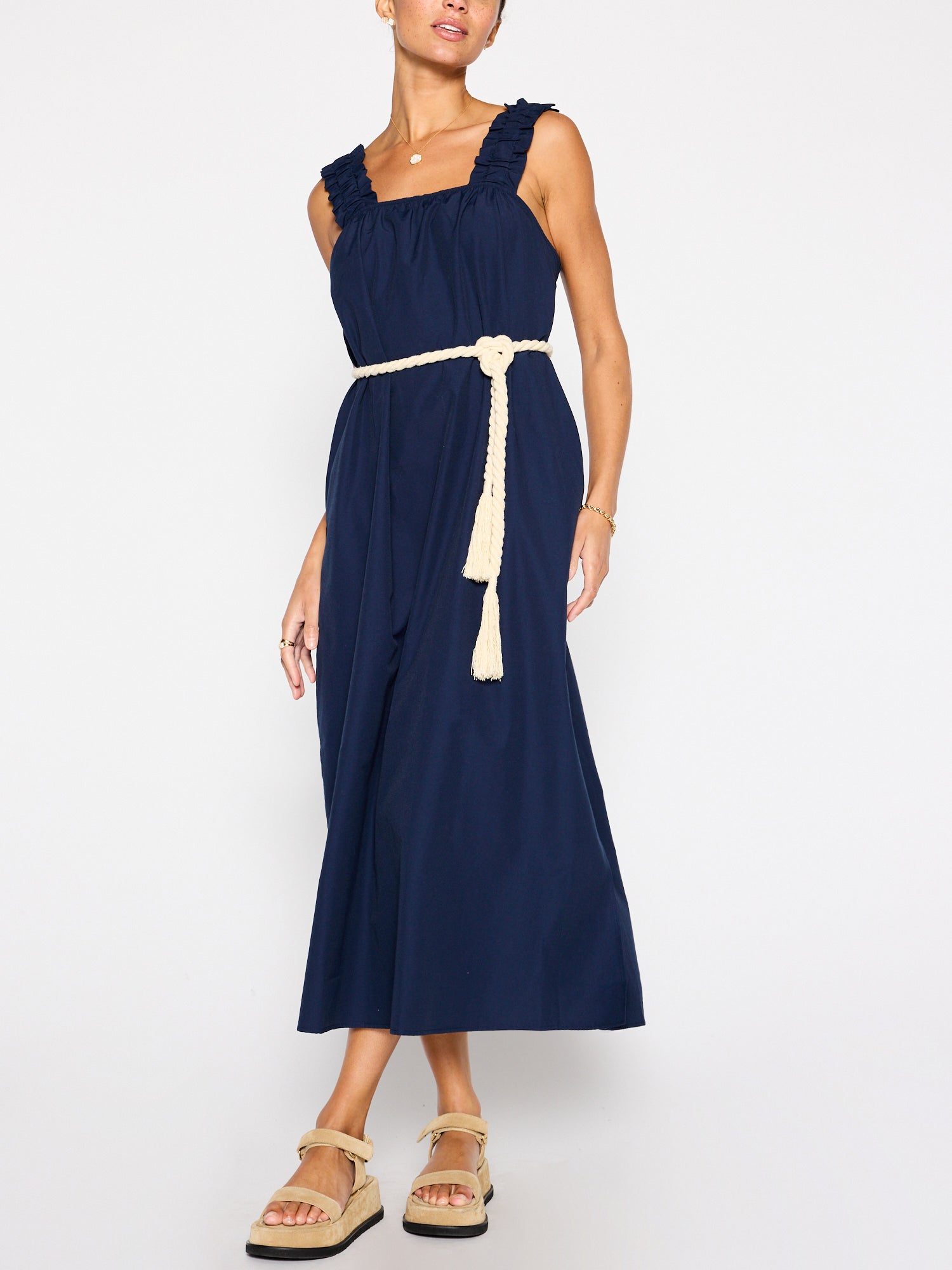Serena belted navy midi dress front view 4