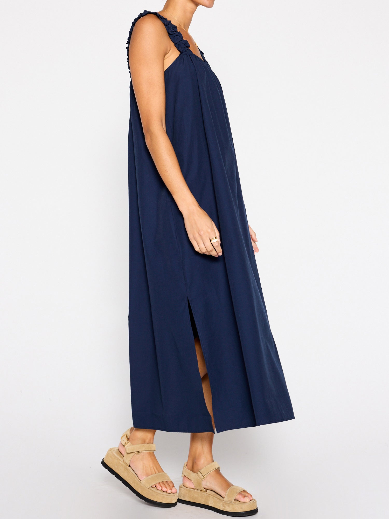 Serena belted navy midi dress side view 2